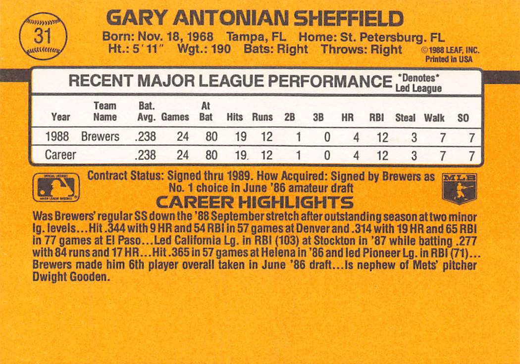 1989 Donruss #31c Gary Sheffield