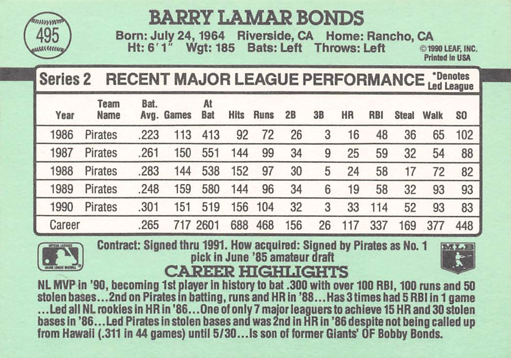 1991 Donruss #495 Barry Bonds