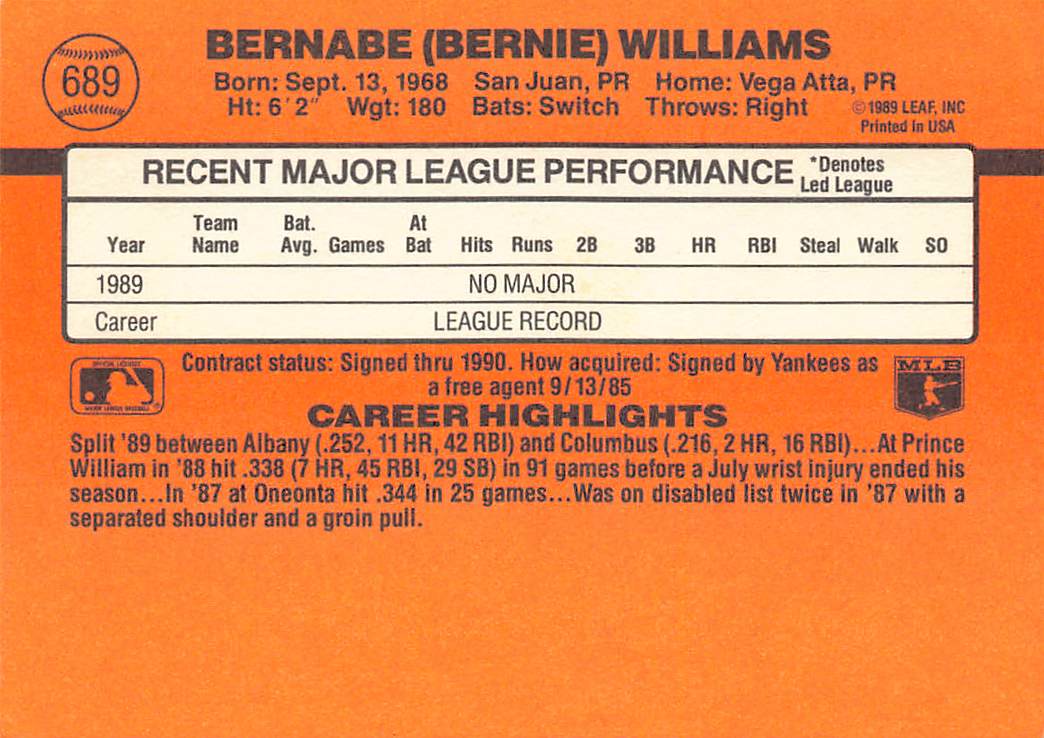 1990 Donruss #689 Bernie Williams