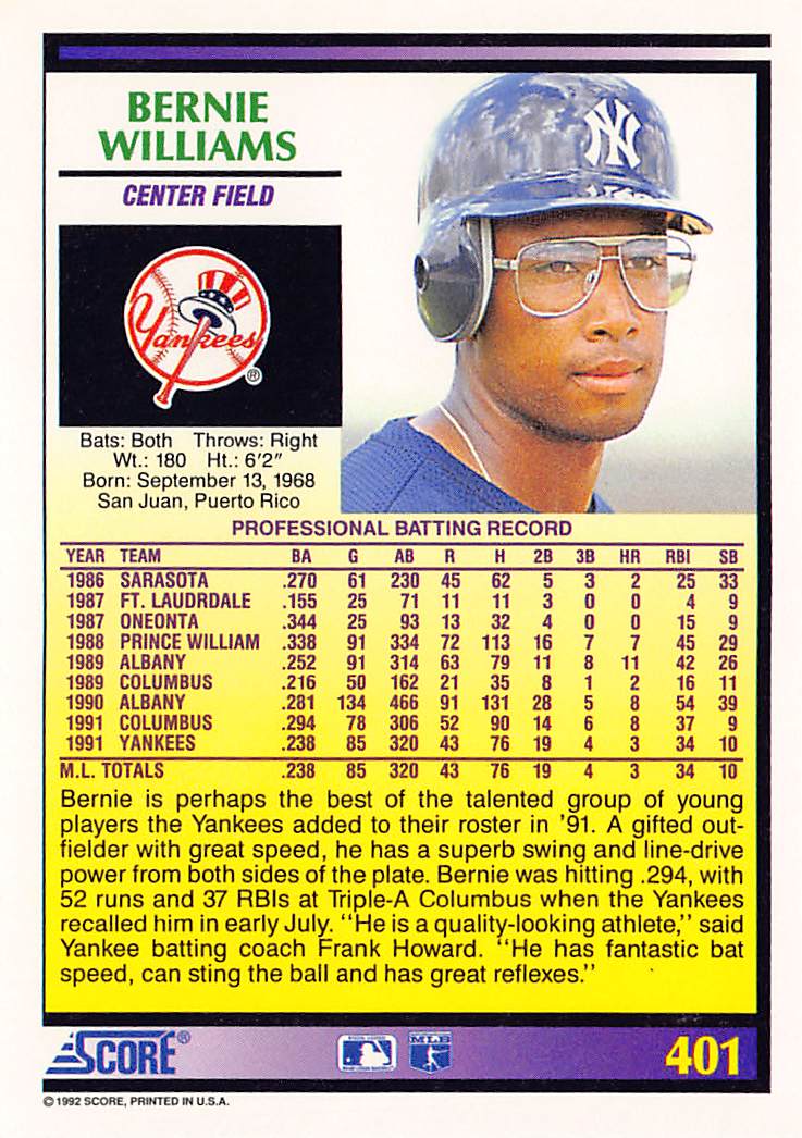 1992 Score #401 Bernie Williams