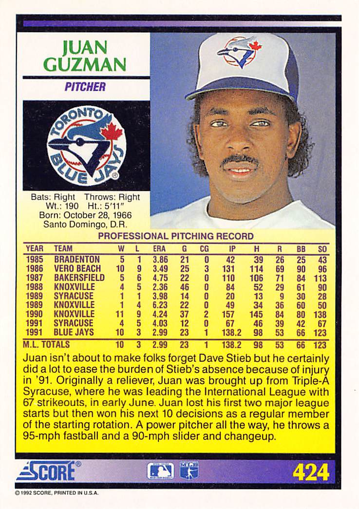 1992 Score #424 Juan Guzman