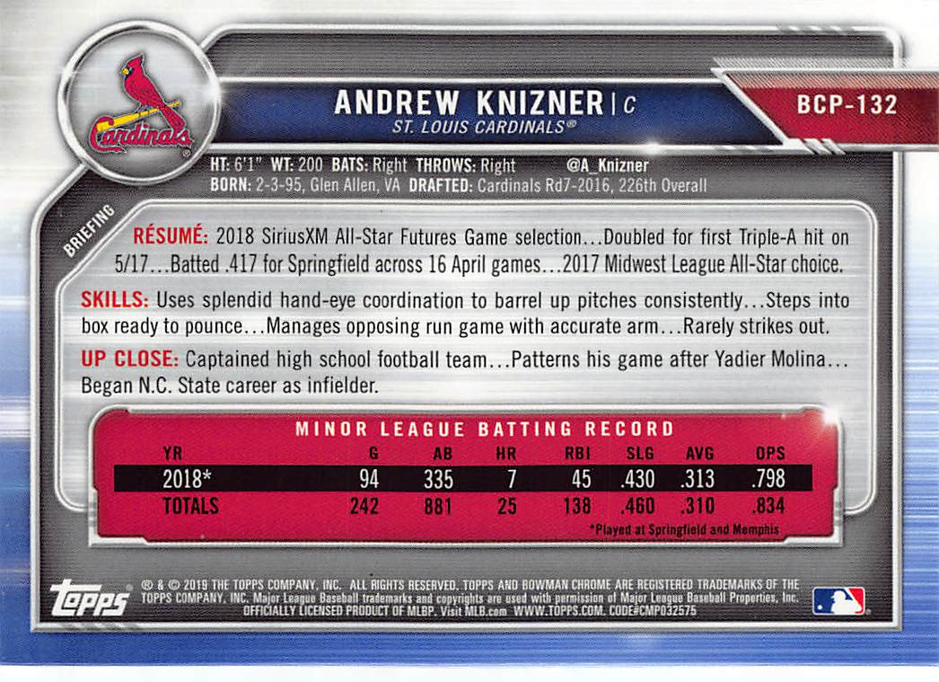 2019 Bowman #BCP-132 Andrew Knizner Chrome Prospects