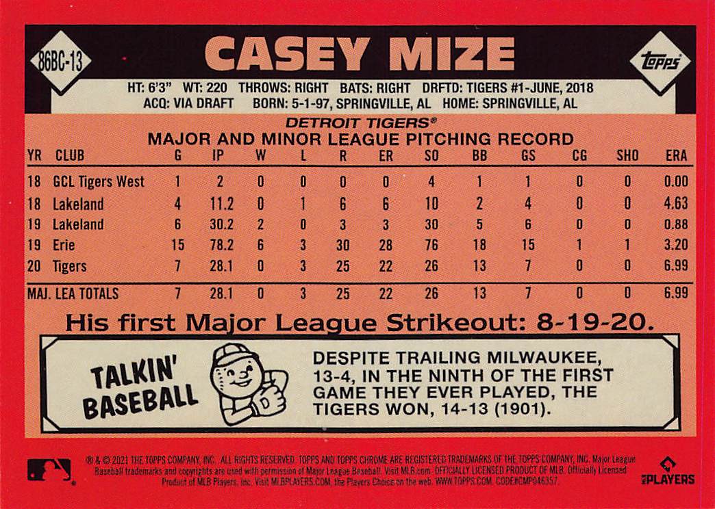 2021 Topps Chrome #86BC-13 Casey Mize 1986 Topps Baseball 35th Anniversary