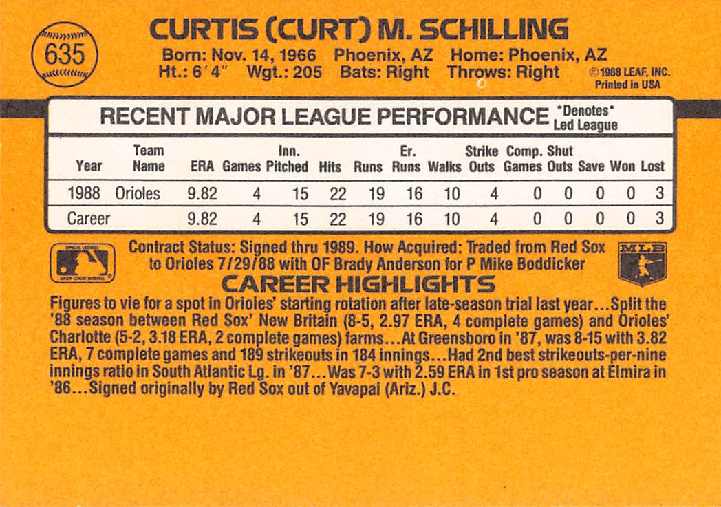 1989 Donruss #635c Curt Schilling
