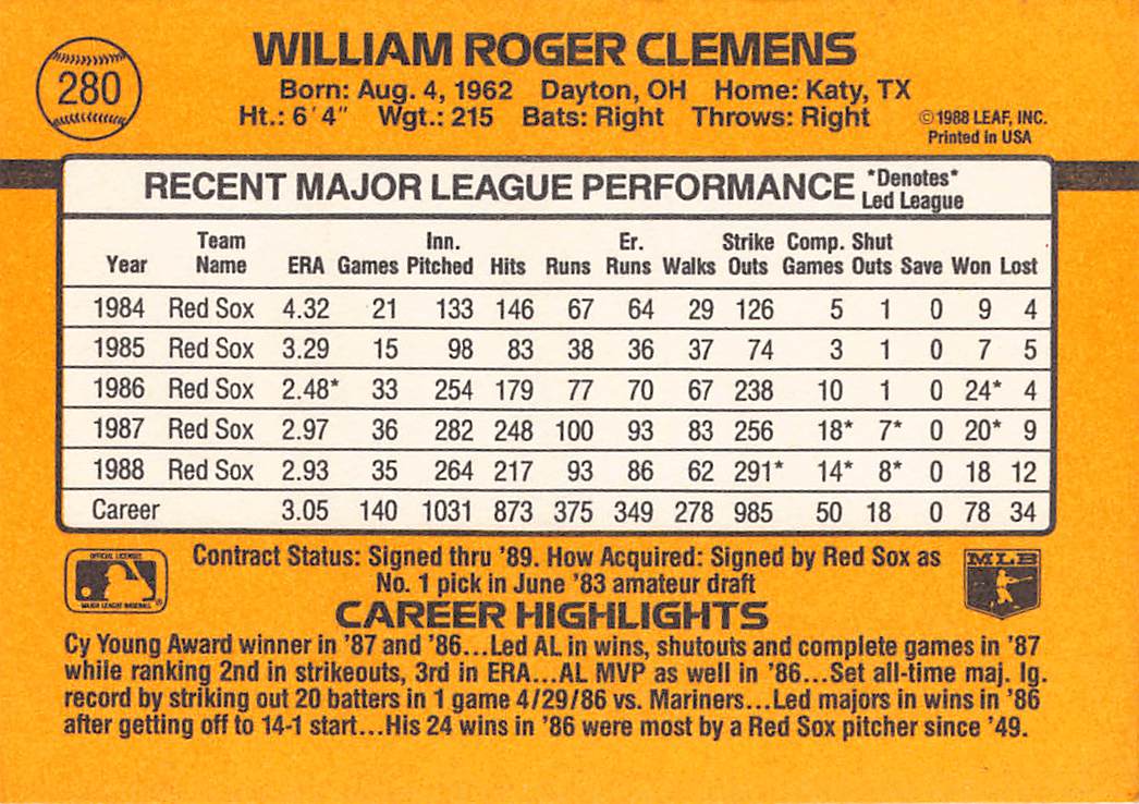 1989 Donruss #280b Roger Clemens