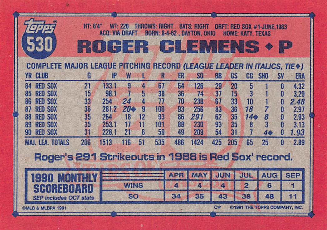 1991 Topps #530 Roger Clemens