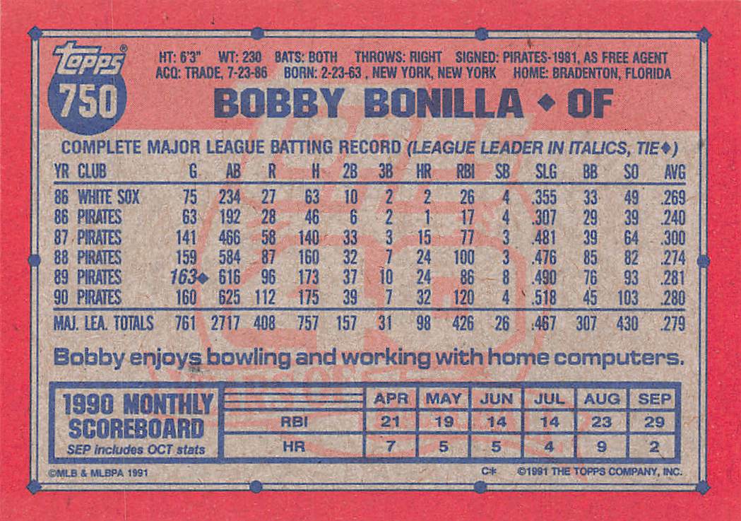 1991 Topps #750 Bobby Bonilla