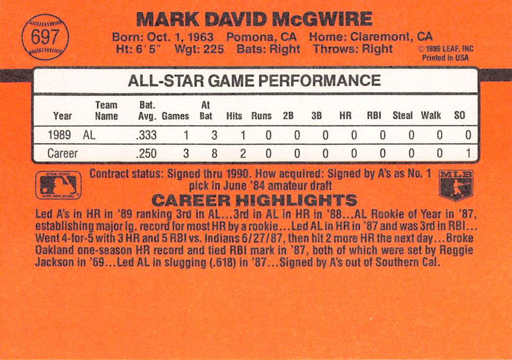 1990 Donruss #697c Mark McGwire