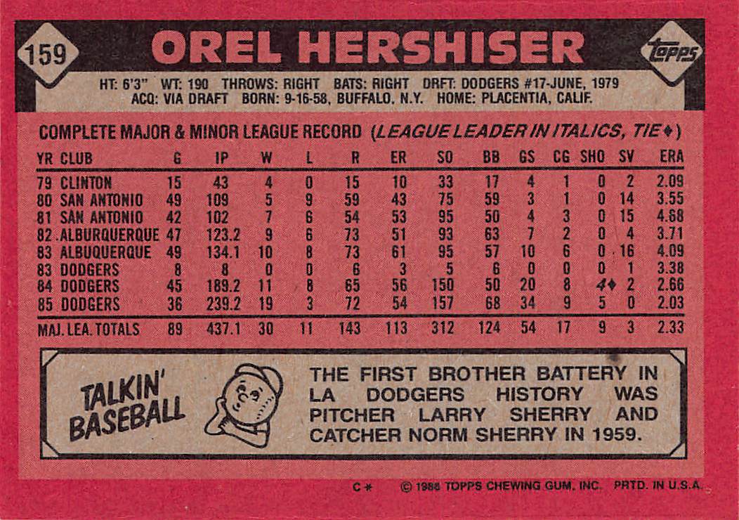 1986 Topps #159 Orel Hershiser