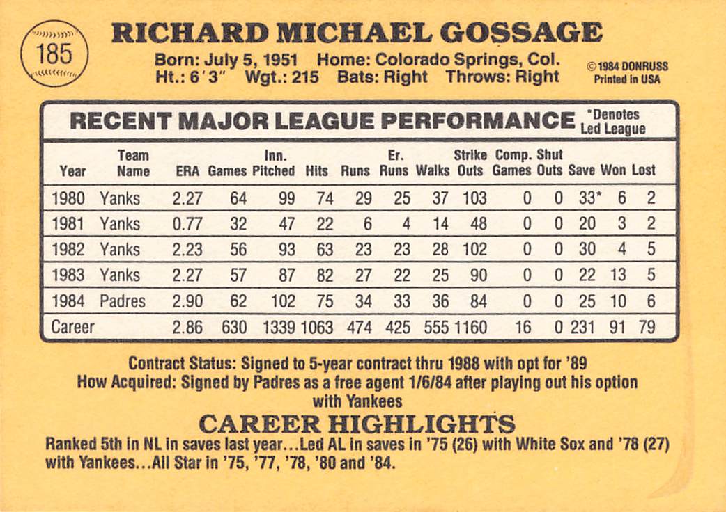 1985 Donruss #185 Goose Gossage