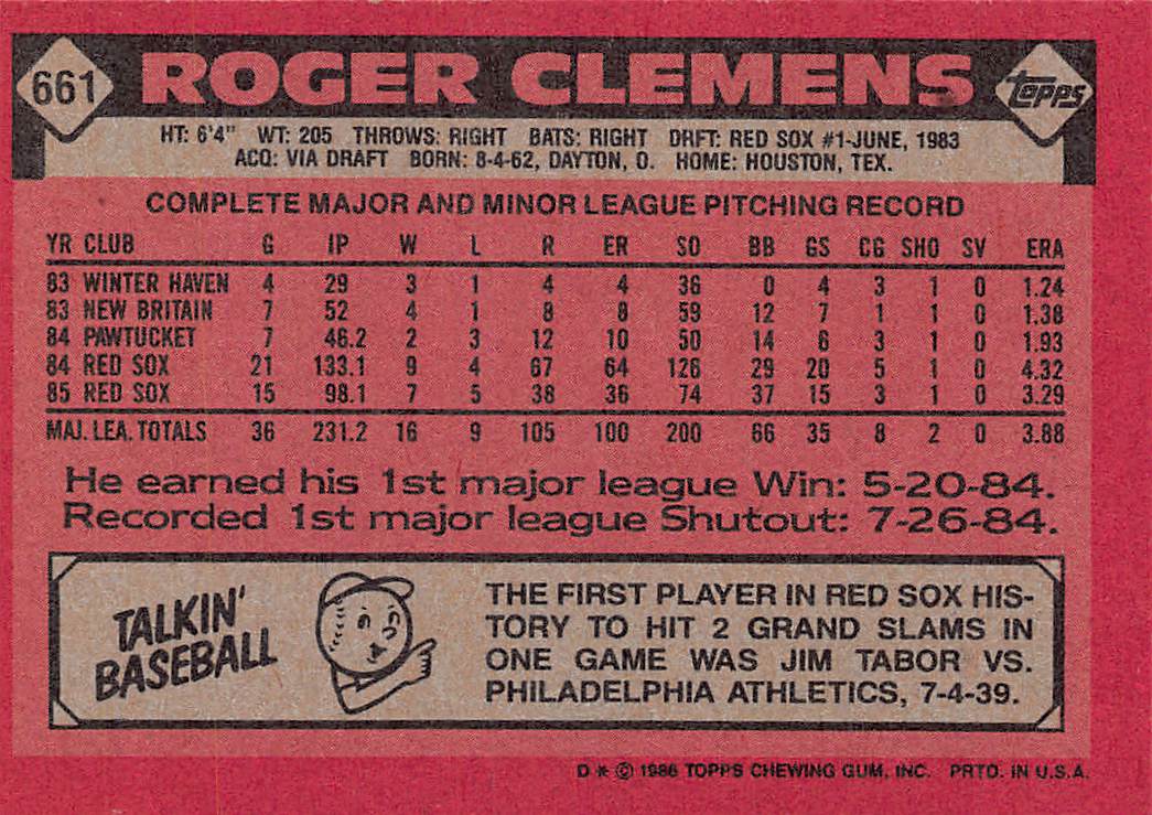 1986 Topps #661 Roger Clemens