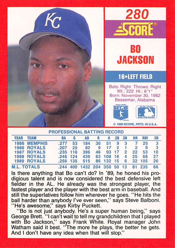 1990 Score #280a Bo Jackson