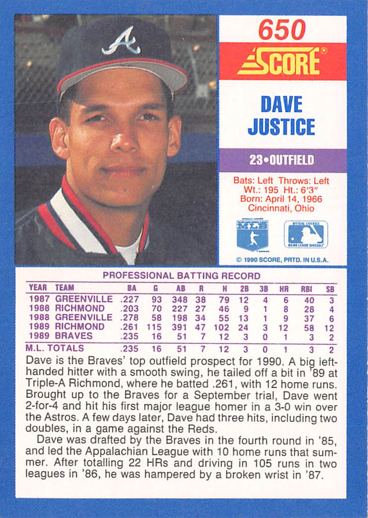 1990 Score #650 Dave Justice