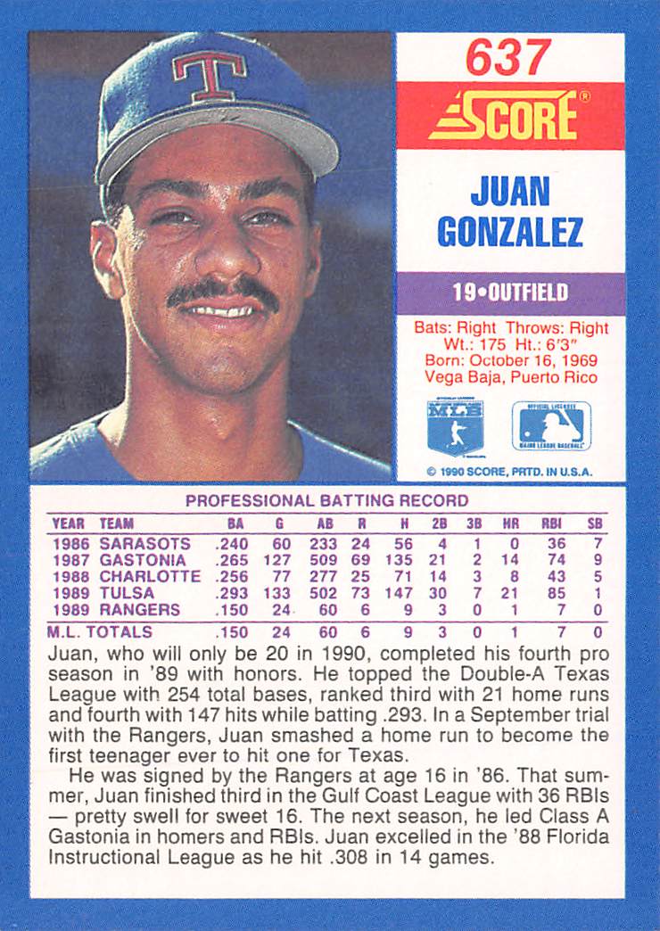 1990 Score #637 Juan Gonzalez