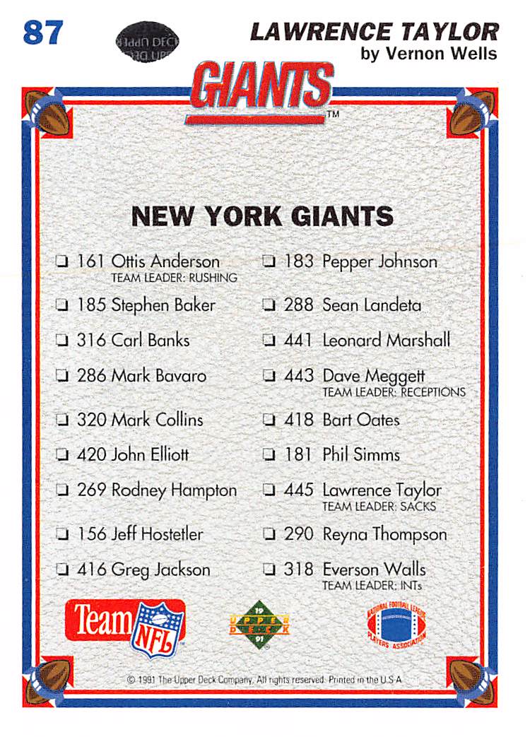 1991 Upper Deck #87b Lawrence Taylor
